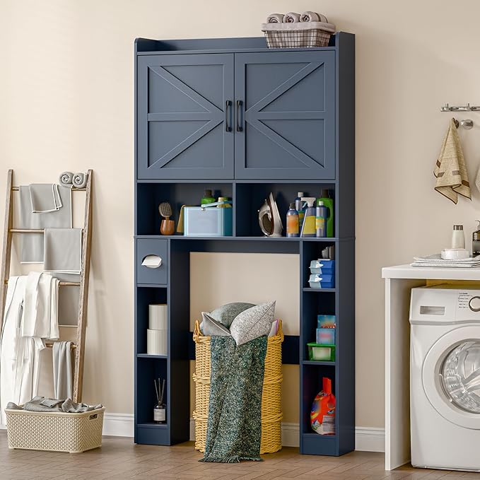 Over The Toilet Storage Cabinet, Farmhouse Toilet Cabinet Rack with Barn Doors, Space Saving Bathroom Organizer with Shelves, Toilet Paper Holder and Towel Rack for Bathroom,Restroom,Laundry,Blue