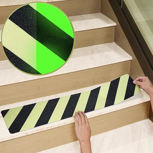 LifeGrip Anti Slip Traction Treads, Glow in the Dark Striped Treads (10-Pack), 6" X 32", Best Grip Tape Grit Non Slip, Outdoor/Indoor, High Friction Abrasive Adhesive for Stair Step, Luminous Green