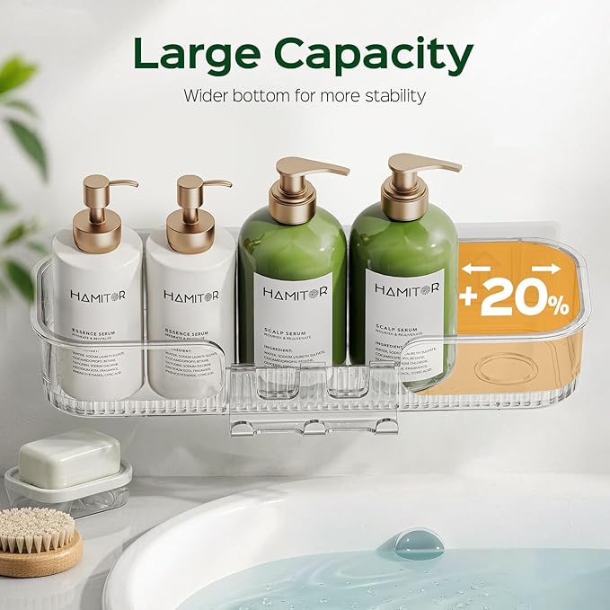 HAMITOR Adhesive Shower Caddy for Bathroom：5 Pack Clear Bath Shelves No Drilling for Modern Renters & Home Decor - Rustproof Acrylic Shower Organizer for Bathroom Storage