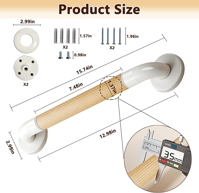 Grab Bars for Shower, 2 Pack 16 Inch Bathtub and Bathroom Safety Handle for Seniors, Anti-Slip Faux Wood Grip, Heavy Duty Shower Handles, Supports up to 500 lbs for Elderly, (Slim Thin Strip)