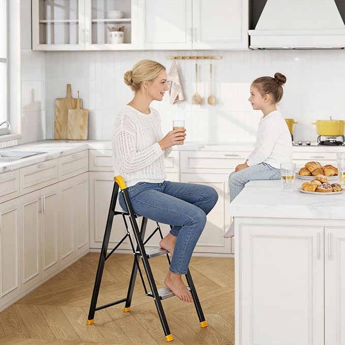 KINGRACK Aluminum Step Ladder, 3 Step Ladder Folding Design, Step Stool Foldable with Safe Grip, Non-Slip Handrails, Safety Lock, Heavy Duty 330LBS for Home, Kitchen, Garage, RV, Black