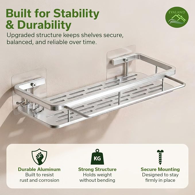 EVALAND Shower Caddy Adhesive 2-Pack with Hooks and Rod for Towels, Silver – Premium Bathroom Shower Shelves, Shampoo Organizer, Bathtub Shelf, Rustproof, Easy Installation, Sturdy Modern Look