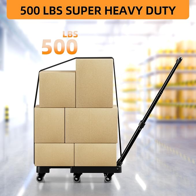 Folding Hand Truck, 500 LB Heavy Duty Luggage Cart, Utility Dolly Platform Cart with 6 Wheels & 2 Elastic Ropes for Luggage, Travel, Moving, Shopping, Office Use, Black