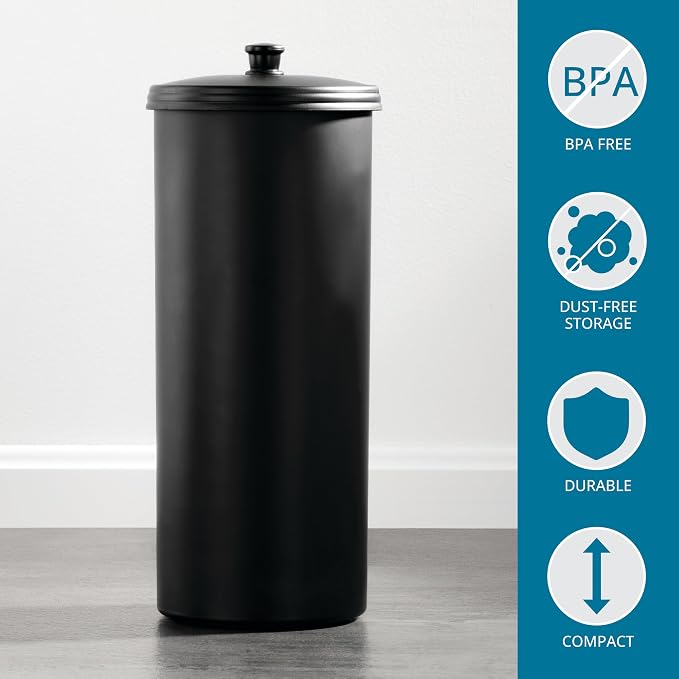 iDesign Freestanding Bathroom Toilet Paper Storage Holder with Lid for 3 Extra Rolls, Matte Black