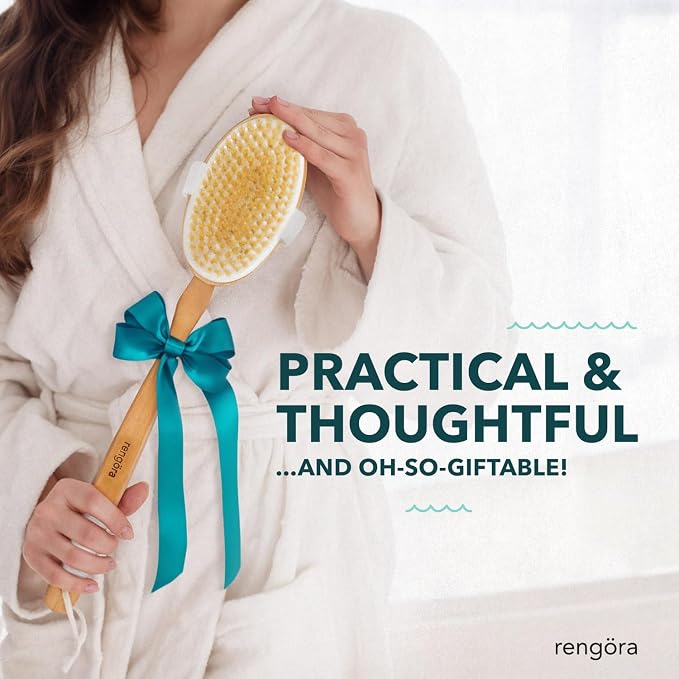 Back Scrubber for Shower - 20" Long Handle Shower Brush - Natural Bristle Back Brush - Ergonomic Handle + Silicone Anti-Slip Grip - Great Gift Idea - Men, Women + Seniors Love This (Regular Bristles)