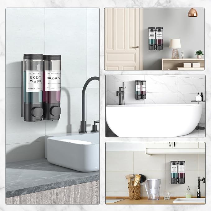 Shampoo and Conditioner Dispenser Shower Dispenser Body Wash Wall Mounted Shampoo Dispenser for Shower Wall No Drill for Bathroom Hotel 2 Chamber x 300ml Black with Waterproof Labels