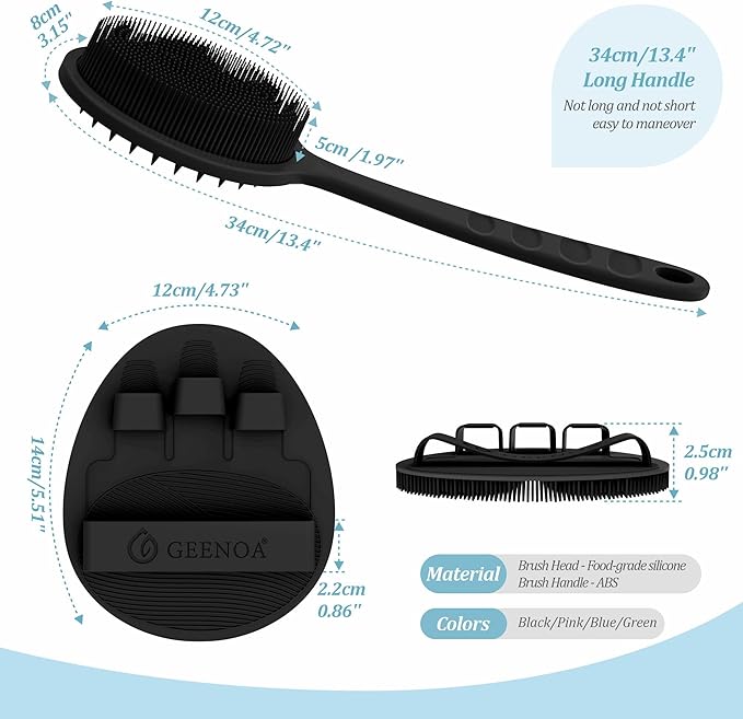 Silicone Back Scrubber & Bath Glove Set 2PCS, 13.4'' Gentle Shower Back Scrubber with Dual-Side Head Non-Slip Handle, 360° Anti-Slip Hand-fit Bath Glove for Rich Foaming Deep Cleaning(Black)