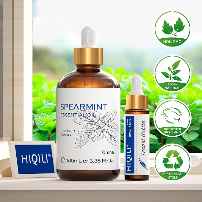 HIQILI 100ML Spearmint Oil for Skin Care, Facial, Can be Added to Lotions, Creams -100% Pure Natural Treatment Grade - 3.38 Fl Oz