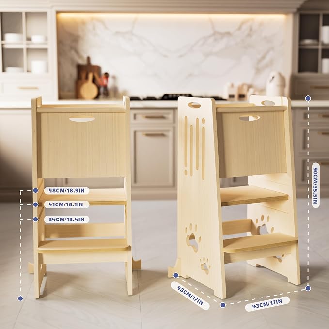 Toddler Tower,Height-Adjustable Step Stool with Sliding Safety Door,Easy to Adjust Height,Suitable for Kids from 18 Months to 5 Years Old,Anti-tilt Kitchen Step Stool with Safety Feet-Natural