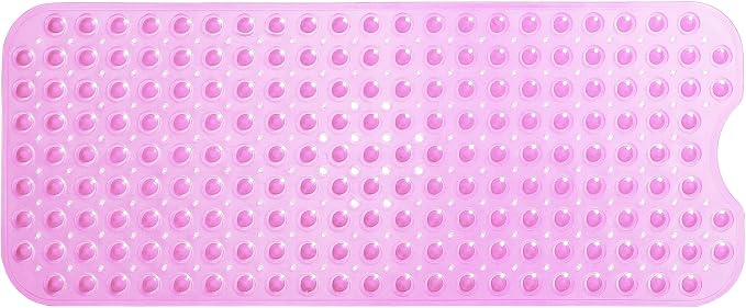 Extra-Long Non-Slip Bathtub & Shower Mat 39”x16” (Smooth/Non-Textured Tubs Only) Safe, Clean, Machine-Washable, Superior Grip&Drainage, Vinyl, Transparent Pink