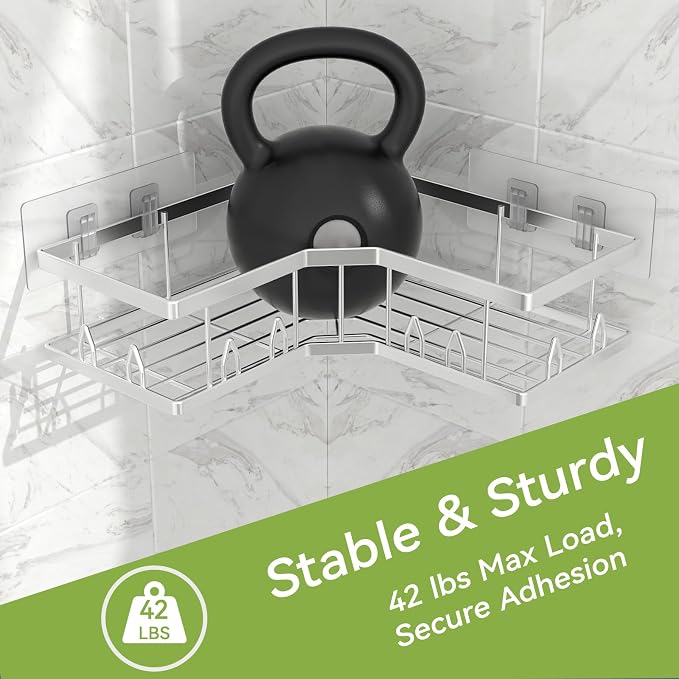 Shower Shelf Corner, Adhesive Shower Caddy Rustproof, Shower Shelves Corner with Soap Holder, No Drilling Shower Corner Organizer for Dorm, Renters Bathroom, Silver, 3 Pack