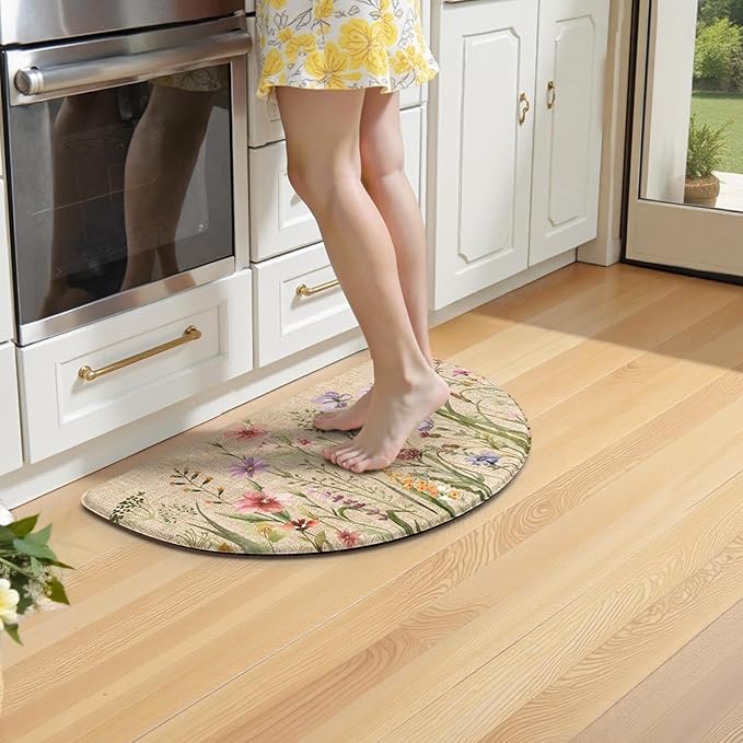 KIMODE Kitchen Mat Cushioned Anti Fatigue, Half Moon Floral Kitchen Rug, Comfort Padded Kitchen Floor Mat Non Slip, Ergonomic Standing Desk Mat for Sink Laundry Office Brown 18"x28"