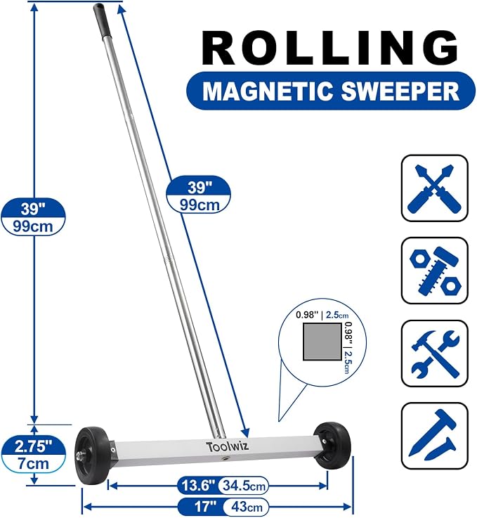 Toolwiz 17" Rolling Magnetic Sweeper 10lbs, with 8 lbs Telescopic Magnetic Pick Up tools with LED light–Lightweight Pick-up Sweeper with Wheels for Nails, Screws & Metal Debris Home Use Workshop