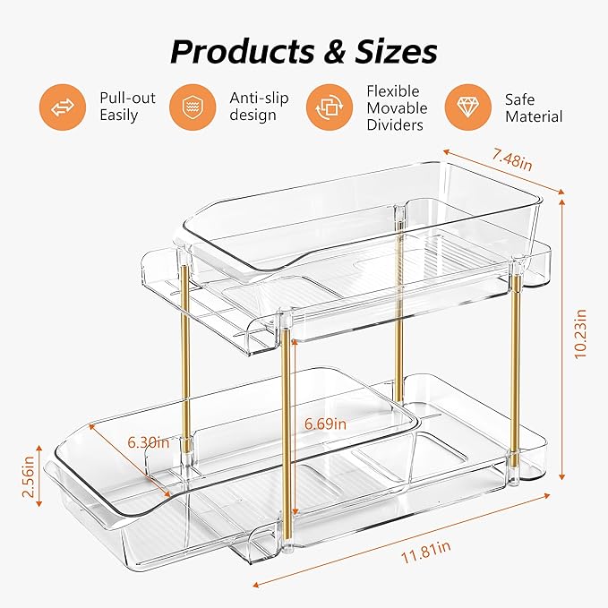 LAREKUN4pack 2-Tier Organizer & Storage Unit Stackable Bathroom Cabinet Organizer Pull-Out Kitchen Pantry Organizer & Storage System Suitable for Countertops, Pantries, Kitchens, Bathrooms