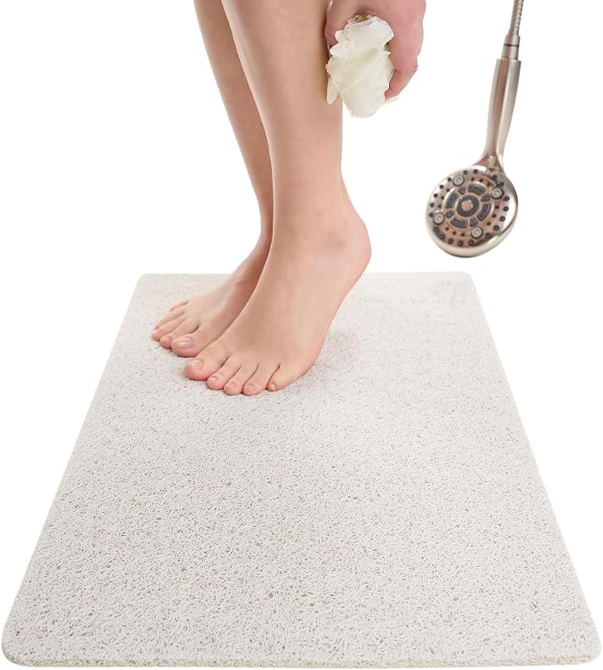 ENKOSI Loofah Non-Slip Shower and Bath Mat - Soft Cushioned Comfort - No Suction Cups for Smooth or Textured Tubs - Fast Draining - Safety for Bathroom, Family, Kids, and Elderly (24x16 White)
