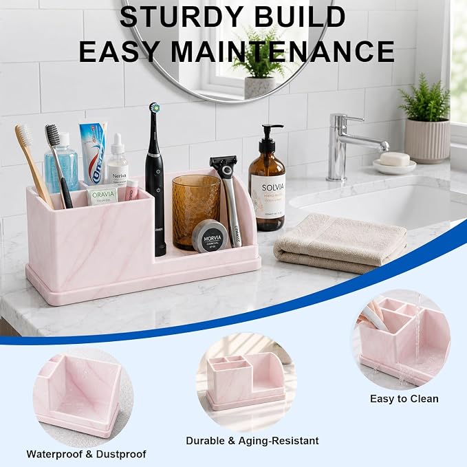 Bathroom Toothbrush Holders, 4 Slots Silicone Counter Organizer Storage with Pink Marble Texture, Detachable Anti-Slip Vanity Organizer for Electric Toothbrush, Toothpaste & Phone