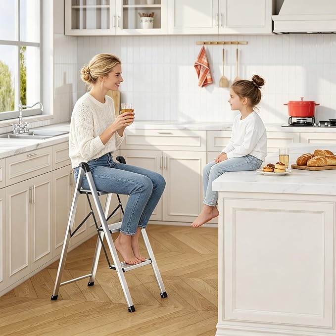 KINGRACK Aluminum Step Ladder, 3 Step Ladder Folding Design, Step Stool Foldable with Safe Grip, Non-Slip Handrails, Safety Lock, Heavy Duty 330LBS for Home, Kitchen, Garage, RV, Silver