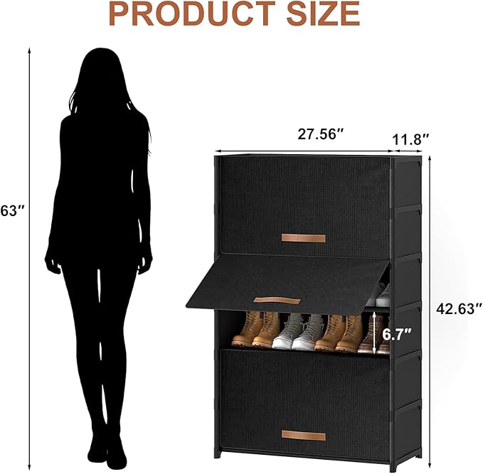 Shoe Rack, 7 Tier Shoe Storage Cabinet with Door 28 Pair Plastic Shoe Shelves Organizer for Closet, Entryway, Hallway, Bedroom, Black
