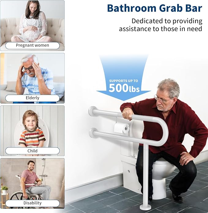 Toilet Grab Bar with Leg 31.5x28 Inch, ZUEXT White Knurled Toilet Support Bar with Toilet Paper Holder,Stainless Steel Wall & Floor Mounted Bathroom Support Rail for Seniors Elderly Disabled Pregnant