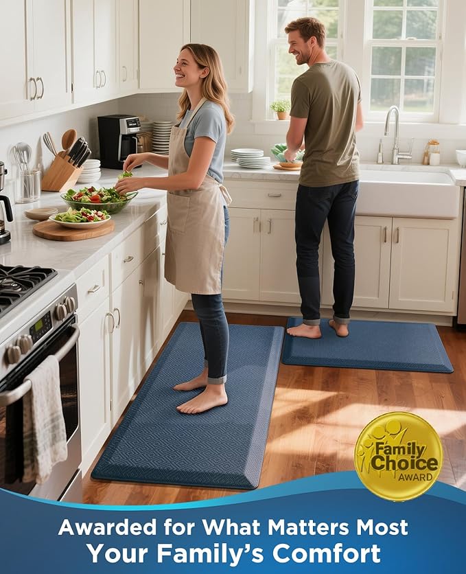 Ophanie Kitchen Mats for Floor, 3/4 Inch Thick Kitchen Rugs, 20'' x 48'' Anti Fatigue Standing Cushioned Mat, Waterproof,Comfort Ergonomic Mat for Office, Home, Sink, Blue Non-Slip Bottom