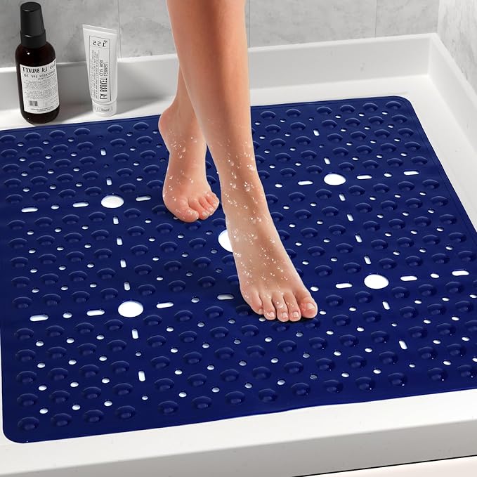 Large Square Shower Mat 27 x 27 Inch Navy Blue, Non Slip Shower Bathtub Mats for Inside Shower with Big Suction Cups Drain Holes, Anti Slip Bathroom Floor Stall Mats, Easy Clean, BPA-Free