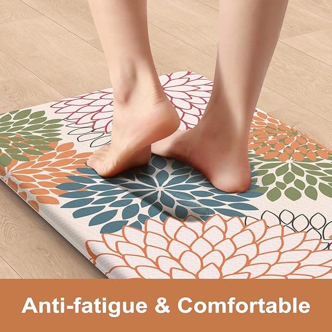 Kitchen Rugs and Mats Cushioned Anti Fatigue Kitchen Mat 2PCS Non-Skid Waterproof Kitchen Runner Rug Comfort Foam Standing Mat for Floors,Office,Laundry,Sink,Floral