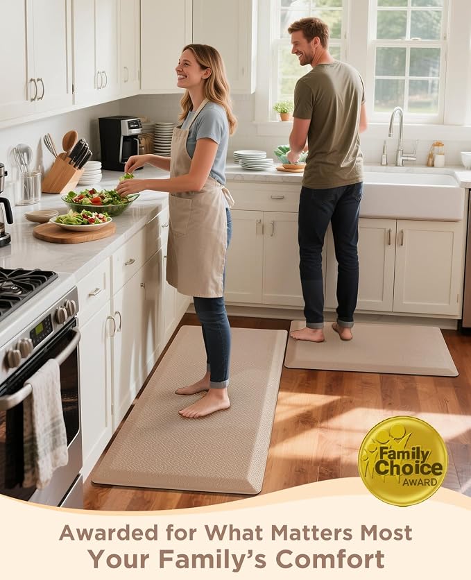 Ophanie Kitchen Mats for Floor, 3/4 inch Thick, 17x28 Anti Fatigue Cushioned Mat, Kitchen Rugs, Waterproof, Comfort Ergonomic Standing Mat for Office, Home, Sink, Beige Non-Slip Ridged Bottom