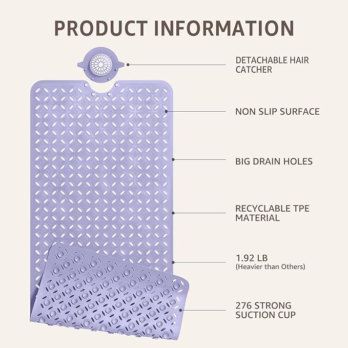 OTHWAY Bath Mat for Tub Non Slip: 39" X 17" Long Bathtub Mat with Hair Catcher│Big Drain Holes Shower Mats for Inside Shower│Machine Washable (Lavender)
