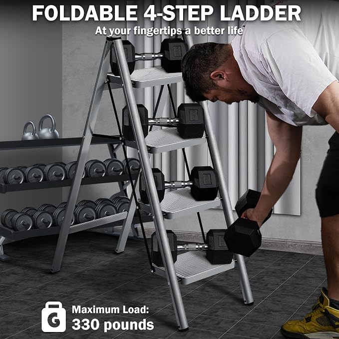 XinSunho 4 Step Ladder, Folding Step Stool with Anti-Slip Wide Pedal, Portable Sturdy Steel Ladder 4 Steps, 330lbs Safety Kitchen & Household Ladder