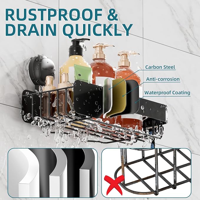 TAILI Shower Caddy Suction Cup 2 Pack With Visible Safety Indicator, Stainless Steel Rustproof Shower Shelves, No Drilling Wall Mounted Basket, Upgraded Removable Suction Cup Bathroom,Black Organizers
