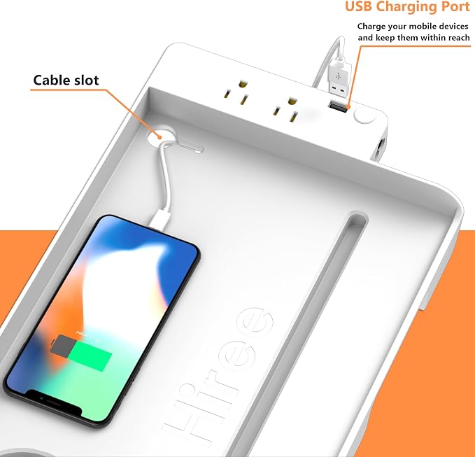 Hiree Bedside Shelf for Dorm Bunk Bed with USB Charging Port and 2 AC Outlets, Bedside Caddy, Bunk Bed Extender, Attachable Bedside Table, College Dorm Essential Clip On Bedside Tray, Plus Size, White