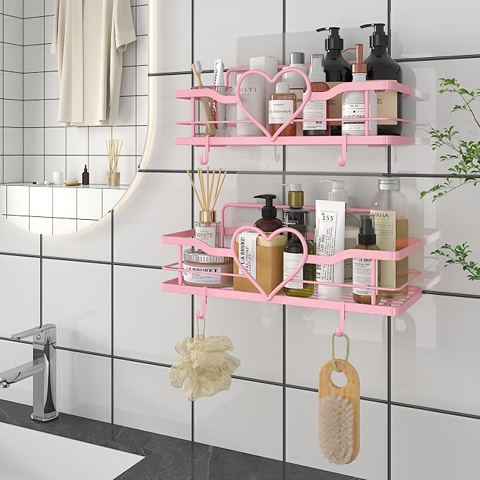 Pink Shower Caddy with 4 Removable Hooks, 2 Pack Sweet Heart Shower Shelves,No Drilling Adhesive Organizer Shelf for Bathroom Shower,Kitchen,Bedroom