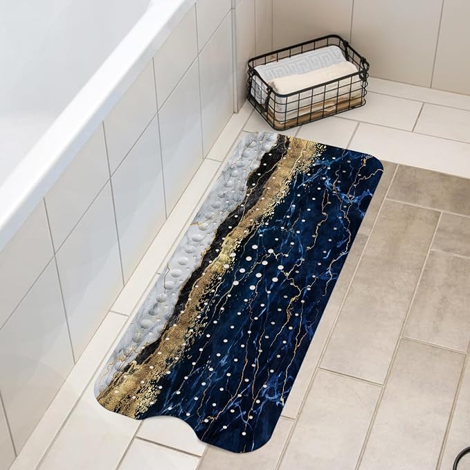 LNOND Marble Bath Tub Mat Non Slip, Extra Long 40 X 16 Inch Anti Slip Mat for Bathtub, Black White Gold Marble Shower Mat with Drain Holes and Suction Cups, Machine Washable