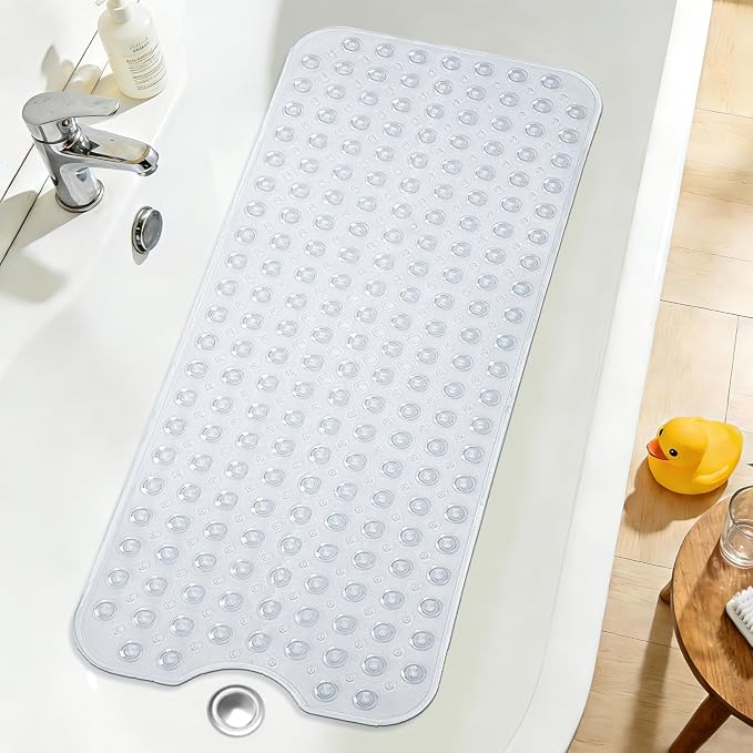 Extra Long Clear Bathtub Mat Non Slip, Soft Bath Mat for Tub 40 x 16 Inch Full Size, Bath Tub Shower Mats for Bathroom Floor with Big Suction Cups and Drain Holes, Easy Washable, BPA Free