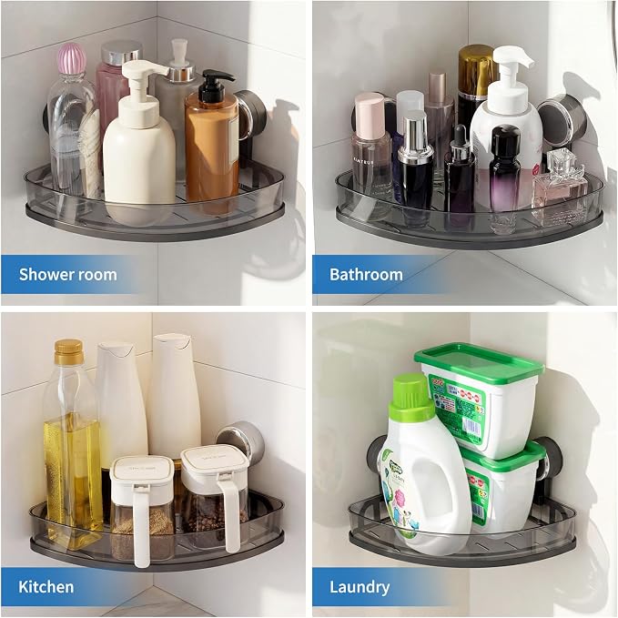 Suction Cup Corner Shower Caddy, Shower Caddy Basket with Powerful Suction for Bathroom, Waterproof & Rustproof Organizer for Bathroom Storage, No-Drilling Removable - 1 Pack