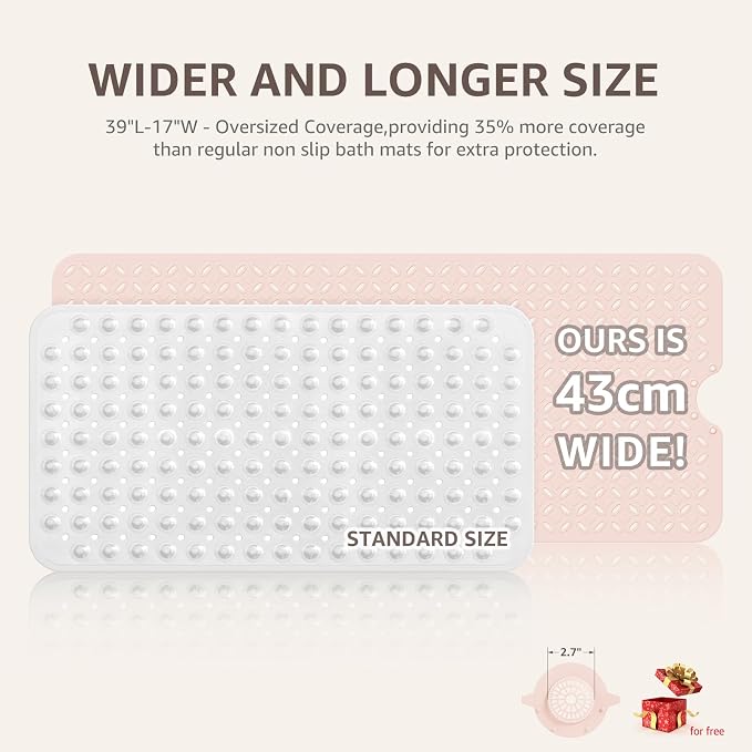 OTHWAY Bath Mat for Tub Non Slip: 39" X 17" Long Bathtub Mat with Hair Catcher│Big Drain Holes Shower Mats for Inside Shower│Machine Washable (Pink)