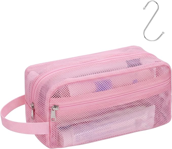 F-color Mesh Shower Caddy Portable with Zipper - 2 Pockets Small Shower Bag Tote for Camping, Gym, Travel, Toiletry, Quick Dry Bathroom Essentials with S Hook, Pink