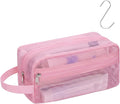 F-color Mesh Shower Caddy Portable with Zipper - 2 Pockets Small Shower Bag Tote for Camping, Gym, Travel, Toiletry, Quick Dry Bathroom Essentials with S Hook, Pink