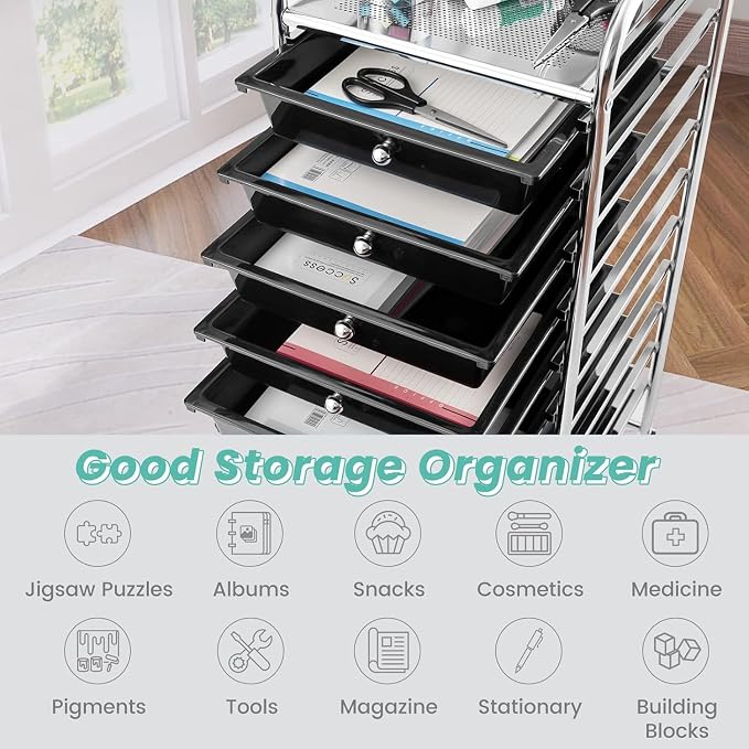 10-Drawer Rolling Storage Cart, Trolley w/Lockable 360° Wheels, 10 Removable PP Drawers, Sturdy Metal Frame, Rolling Utility Cart Perfect for Home, Office, Classroom (Black)