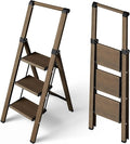 Taranta 3 Step Ladder, Portable Folding Ladder with Wide Pedal, Lightweight Aluminum Step Stool with Convenient Handgrip, 330 lbs Capacity Stepladder for Home, Office - Walnut