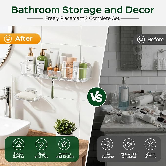 HAMITOR Adhesive Shower Caddy for Bathroom：2 Pack Clear Bath Shelves No Drilling for Modern Renters & Home Decor - Rustproof Acrylic Shower Organizer for Bathroom Storage