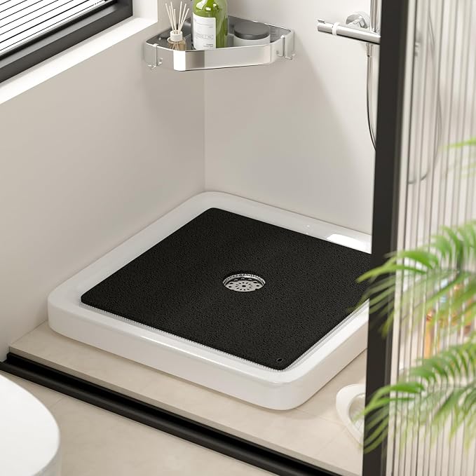 HITSLAM Non Slip Shower Mat for Textured Tub Floor, 21x21 Inch Square Loofah Bath Mat for Inside Shower Stall, Quick Drying, No Suction Cups, Black