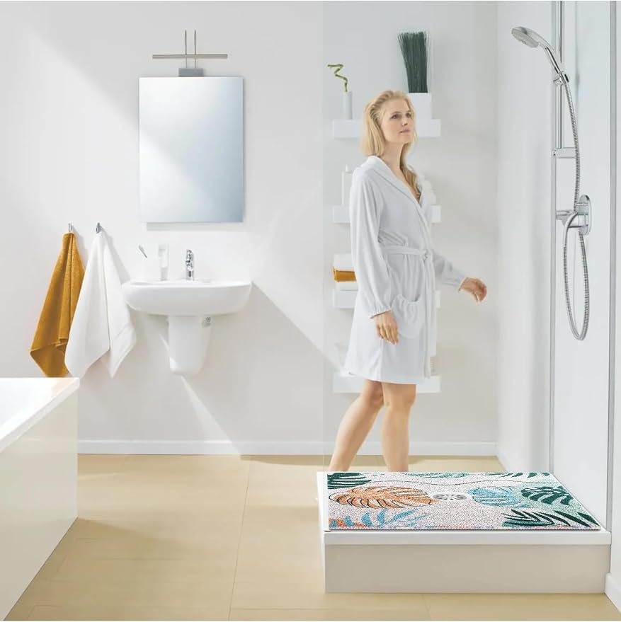 Square Shower Mat, Yonala 27 x 27 Inch Stylish Non Slip Shower Mats for Inside Shower with Central Drain Hole, Soft Trimmable PVC Loofah Anti Slip Shower Mat for Walk in Shower Stall, Quick Drying