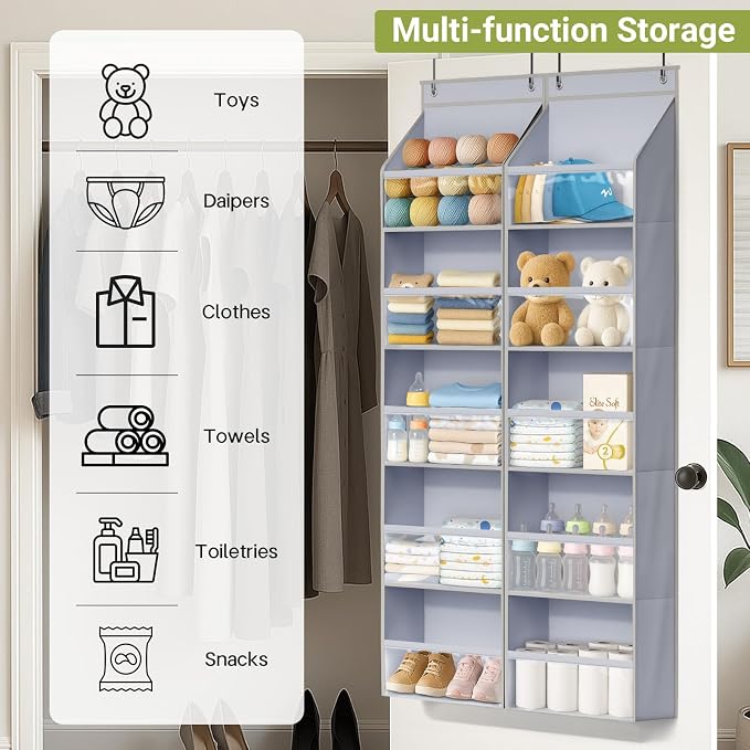 AOODA 2 Pack Over the Door Organizer, Large Capacity Closet Door Hanging Organizer, Clear Deep Pockets Baby Organizer Storage for Nursery, Bathroom, Bedroom, Pantry, Diapers (Grey)