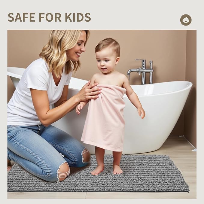 Bathroom Rugs Non Slip Washable 32x20, Extra Thick Soft Chenille Absorbent Bath Mat, High Density Barrier Non Slip Backing, Quick Dry Plush Shaggy Floor Carpet for Tub&Shower, Grey