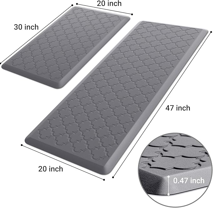 Kitchen Mat [2 PCS] Cushioned Anti-Fatigue Floor Mat Water Resistant Non-Skid Kitchen Mats and Rugs Ergonomic Comfort Foam Kitchen Rugs Standing Mat for Floor Office Sink (Grey,20"x30"+20"x47")
