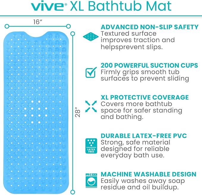 Vive Bathtub Mat for Bath & Shower Floors - Anti Non Slip Suction Rubber Skid Pad for Tub, Bathroom, Elderly, Kids - Eco-Friendly, Resistant Strong, Textured Rectangle Grip - Machine Washable (Blue)