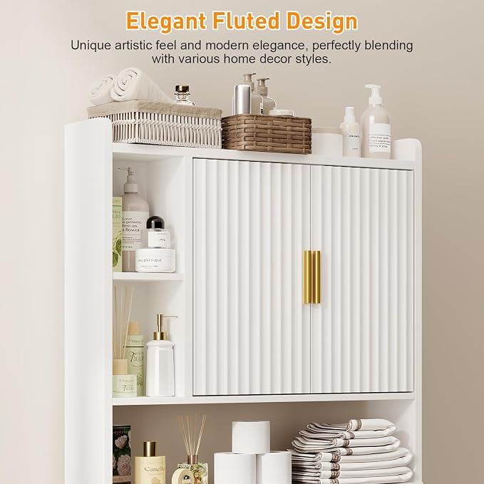 knoworld Fluted Over The Toilet Storage Cabinet, Above Toilet Bathroom Organizer with Toilet Paper Holder, Modern Behind Toilet Cabinet, Space Saver for Restroom, Bathroom, Laundry, White