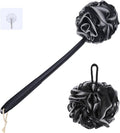 VANZAVANZU Loofah Sponge Set Loofah Exfoliating Body Scrubber, Anti-Slip Plastic 17" Handle Loofah on a Stick with Fluffy Shower Sponge, PE Soft Mesh Shower Loofahs-Black with White Edge