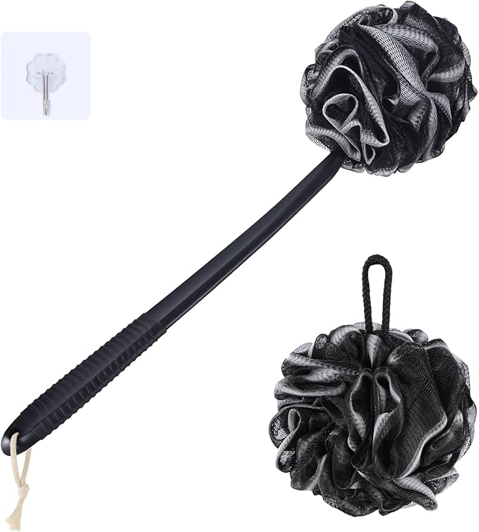 VANZAVANZU Loofah Sponge Set Loofah Exfoliating Body Scrubber, Anti-Slip Plastic 17" Handle Loofah on a Stick with Fluffy Shower Sponge, PE Soft Mesh Shower Loofahs-Black with White Edge